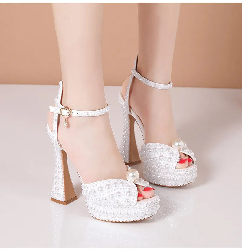 Summer Beaded Thick Heeled Women Gladiator Sandals Luxury Pearls Platform Wedges 14cm High heels Fashion Wedding Banquet Shoes