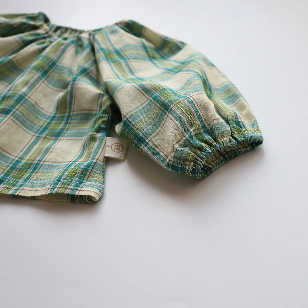 Summer Baby Clothes Set Vintage Style Green Big Plaid Baby Girl Suit Toddler Blouse and Bloomer 2 Pcs