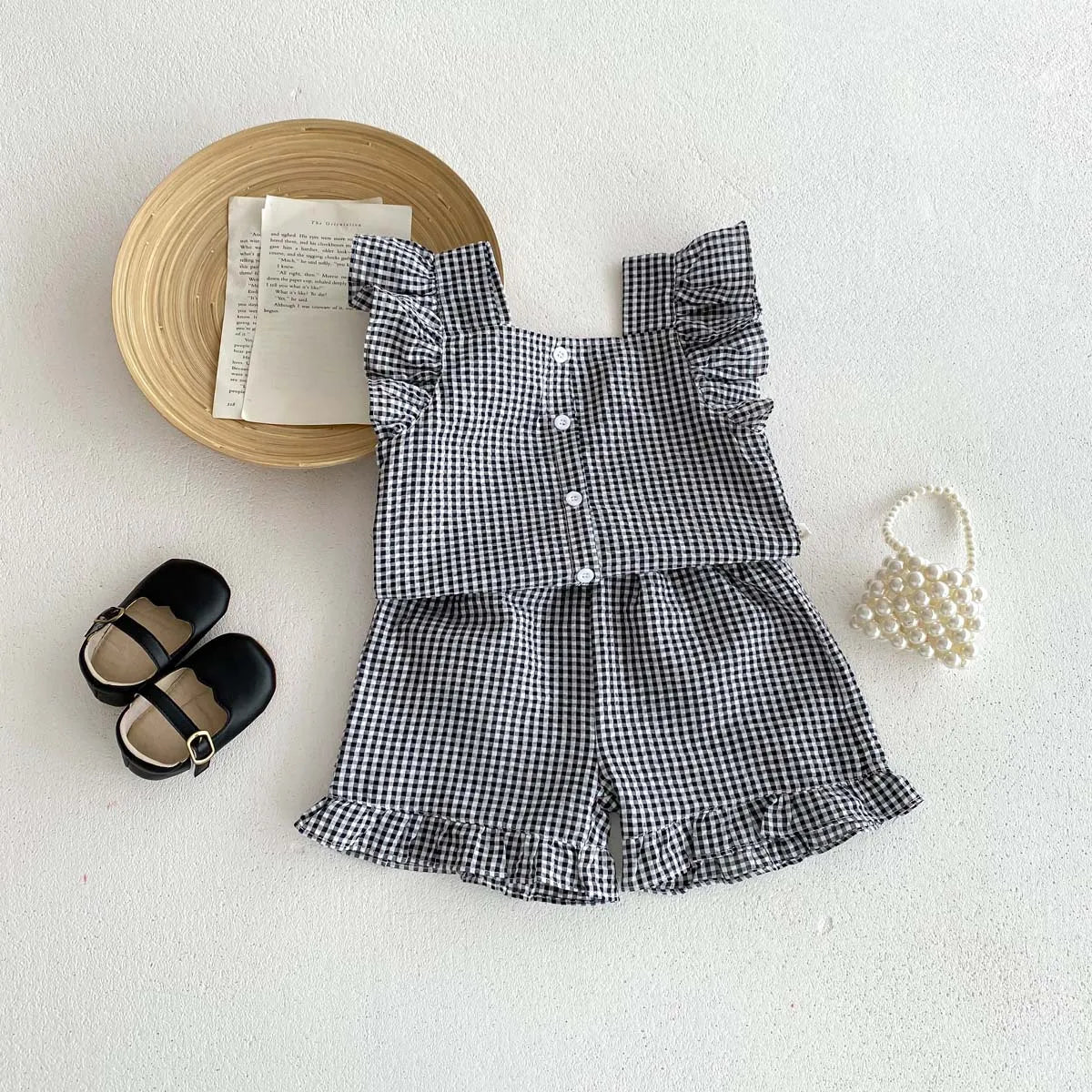 Summer Kids Clothing Set Flying Sleeve Plaid Tee And Shorts 2PCS for Girls Children Outfit Suit