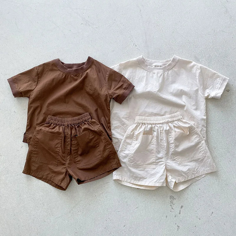 Summer Kids Clothes Set Boys Girls Simple Loose Cotton Short Sleeve Shorts Suit 2 PCS Children Outfit