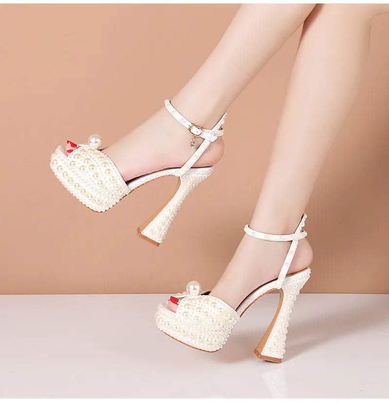 Summer Beaded Thick Heeled Women Gladiator Sandals Luxury Pearls Platform Wedges 14cm High heels Fashion Wedding Banquet Shoes