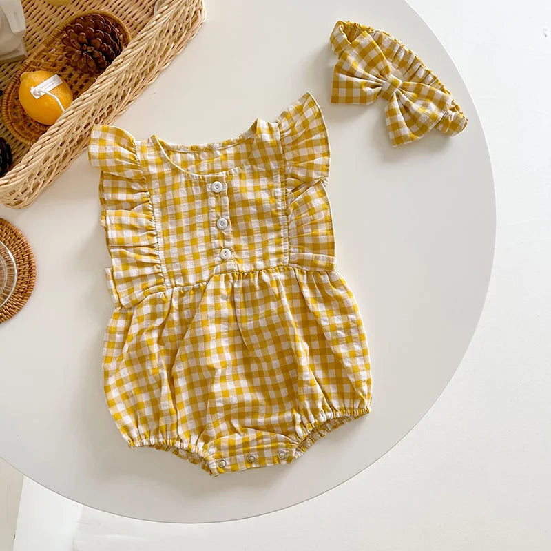 Summer Baby Bodysuits Sweet Flare Sleeve Plaid Baby Girls Bodysuit With Headband Newborn One Piece Infant Outfit