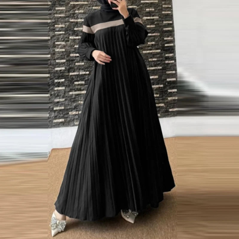 Fashion Women Autumn Long Lantern Sleeve Muslim Dress Abaya Islamic Robe Kaftan Patchwork Sundress Pleated Vestidos