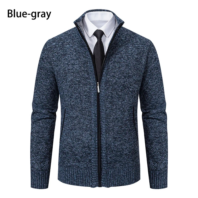 Autumn And Winter New Jersey Men's Casual Sports Coat Solid Color Stand Collar weater Grab Fleece Warm Zipper Cardigan