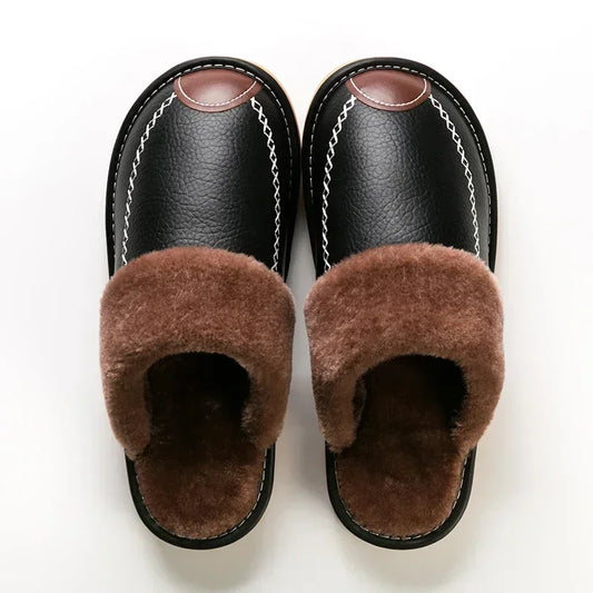 Men Winter Leather Slippers Bedroom Cotton Slippers Male Waterproof Thick Plus Velvet Indoor Warm House Home Slippers Shoes