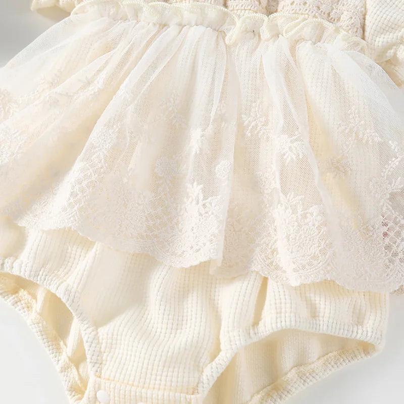 Summer Baby Clothes Infant Waffle Sweet Puff Sleeve Lace Bodysuits Toddler Girls One Piece