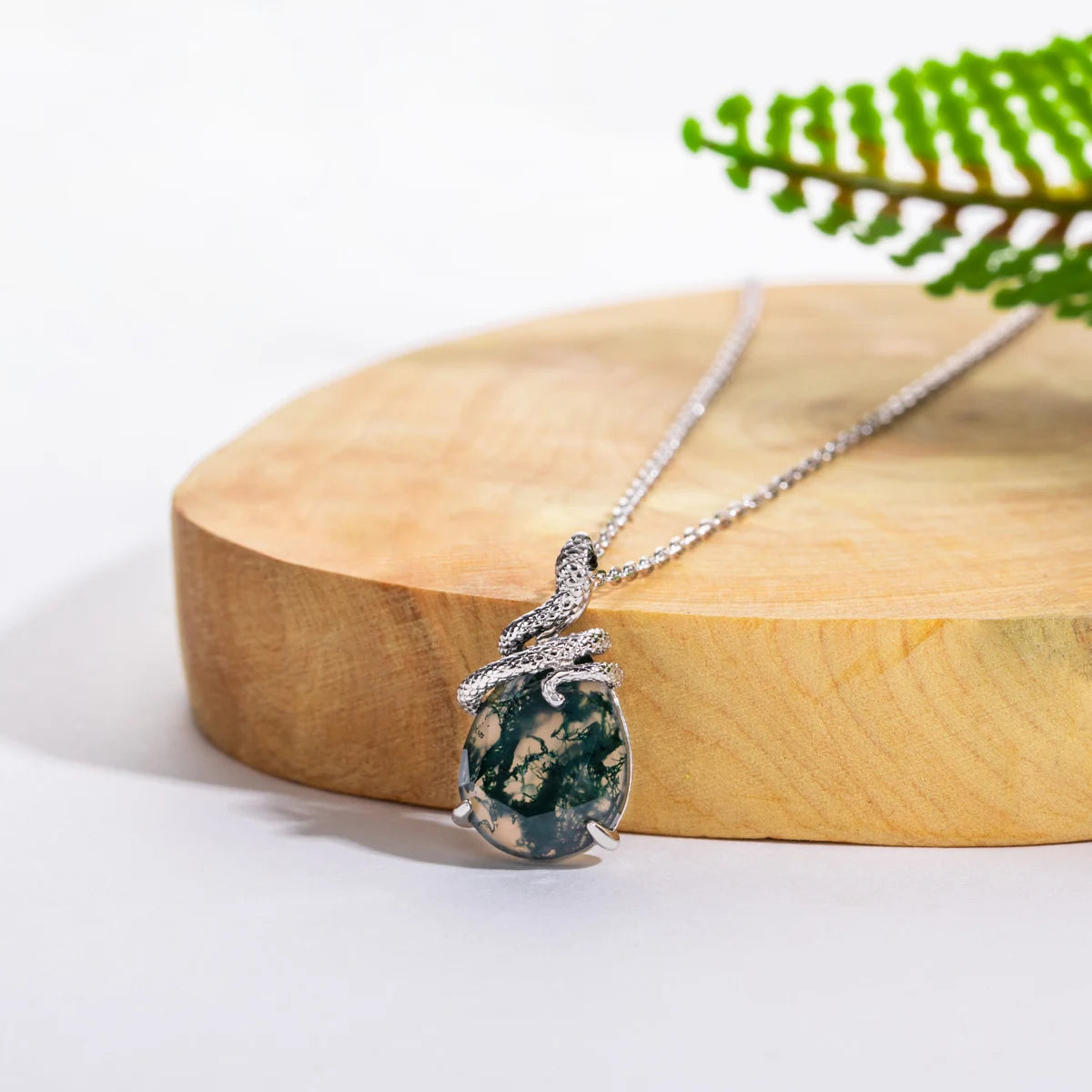 AliMoss 10*13mm Oval Cut Green Moss Agate Snake Necklace 925 Sterling Silver Cubic Zircon Pendant(18+2in) for Women Gifts