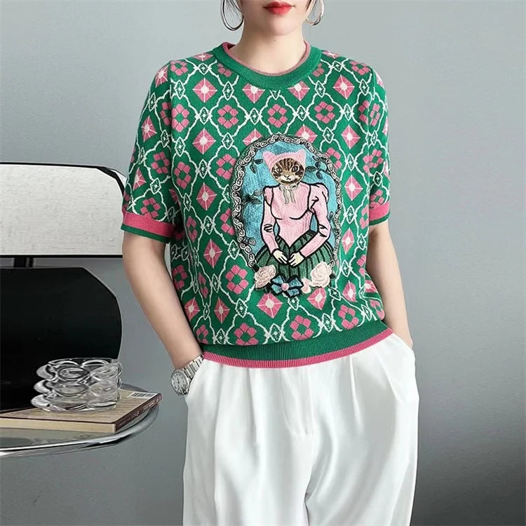 New Summer Women Knitted Sweater European Style Cartoon Pattern Fashion Jacquard Round Neck Short Sleeve Casual Jumpers Knitwear