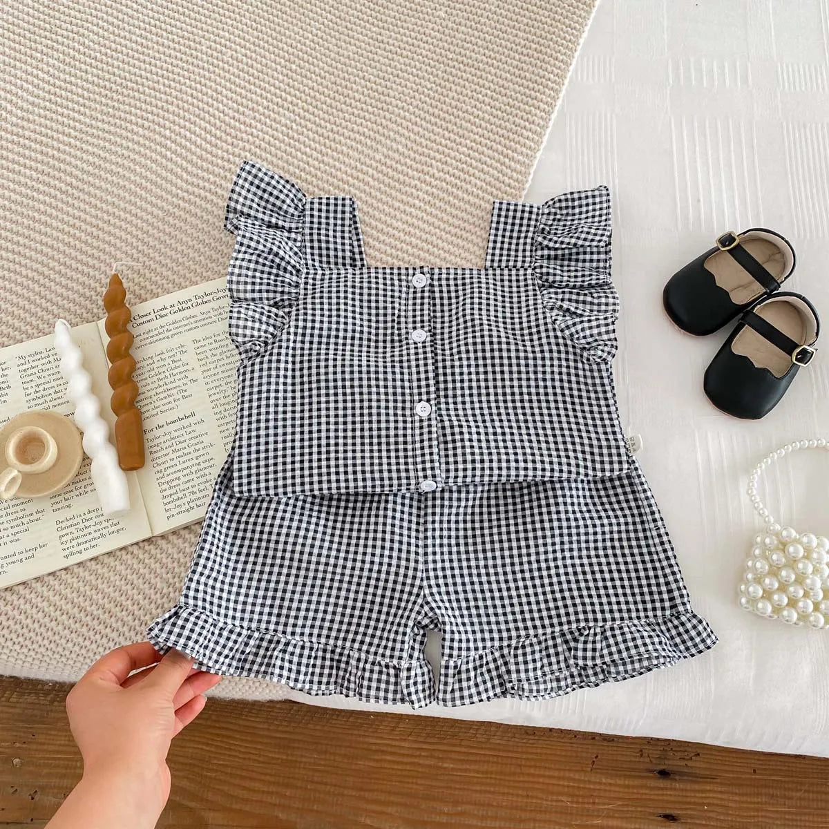 Summer Kids Clothing Set Flying Sleeve Plaid Tee And Shorts 2PCS for Girls Children Outfit Suit