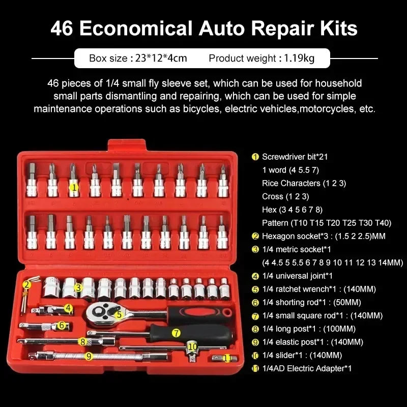 46pcs/53pcs Car Repair Tool Kit Ratchet Torque Wrench Spanner Screwdriver 1/4-Inch Socket Set Combo For Bicycle Repairing Tool