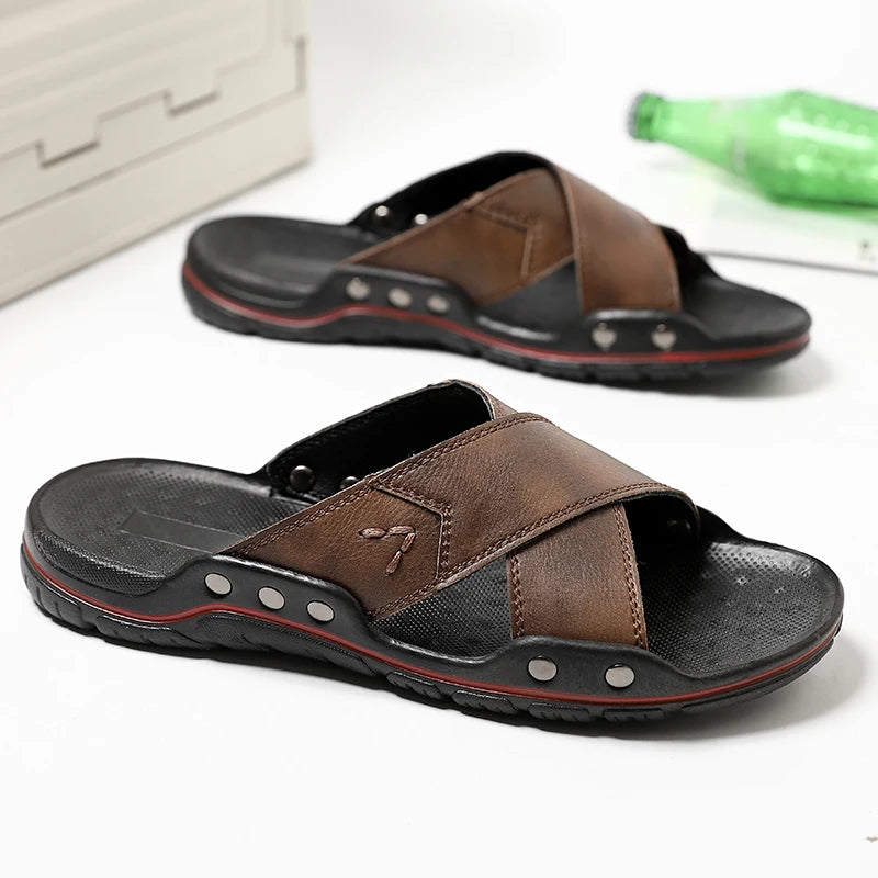 2024 Summer New Sandal Leather Slippers for Men Hotel Beach Shoes High Quality Big Size 48 Slip on Light Flats Male Flip Flops