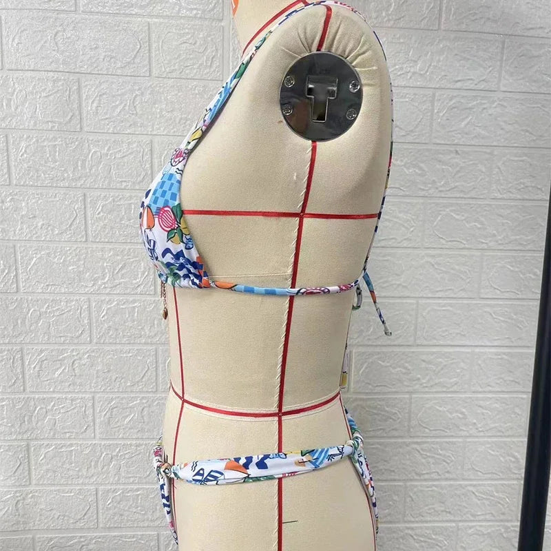 BEACHCICI Bikini 2 Piece Set Women Summer Sexy Fashion Printed Suspender Tie up Pleated Backless Lace Up Holiday Beach Swimsuit