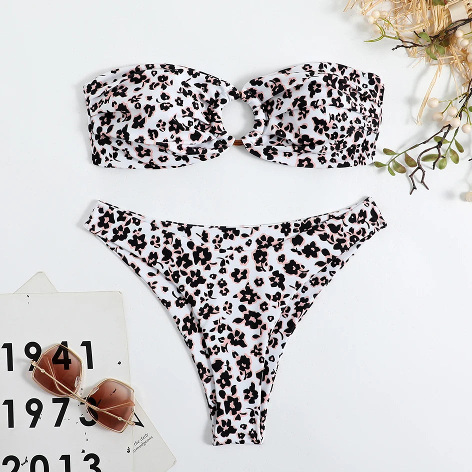Sexy Floral Bikinis Bandeau Swimsuit for Woman 2025 Female Swimwear Women Thong Bikini Set Summer Swim Beach Wear Bathing Suits