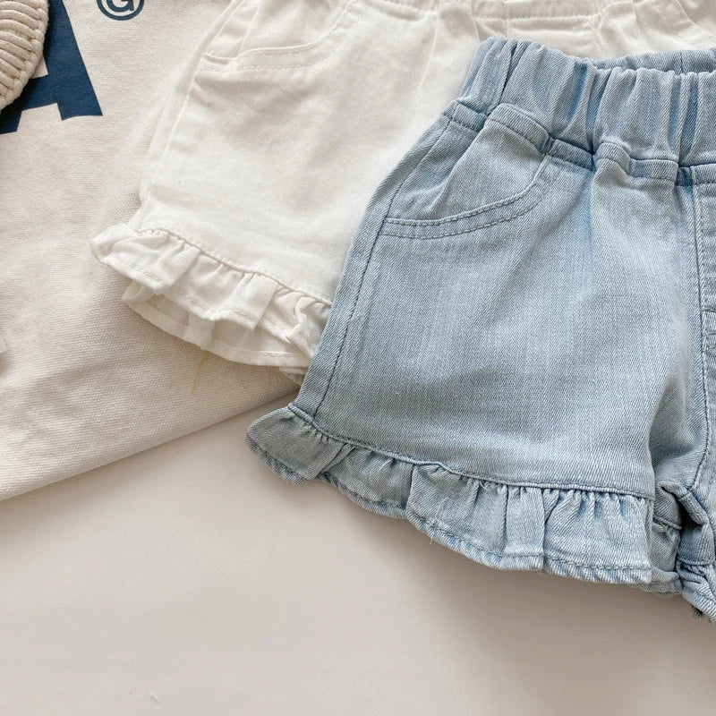 Summer Kids Shorts Solid Brief Denim Girls Ruffle Shorts Children Clothes Teenage Girl Jeans