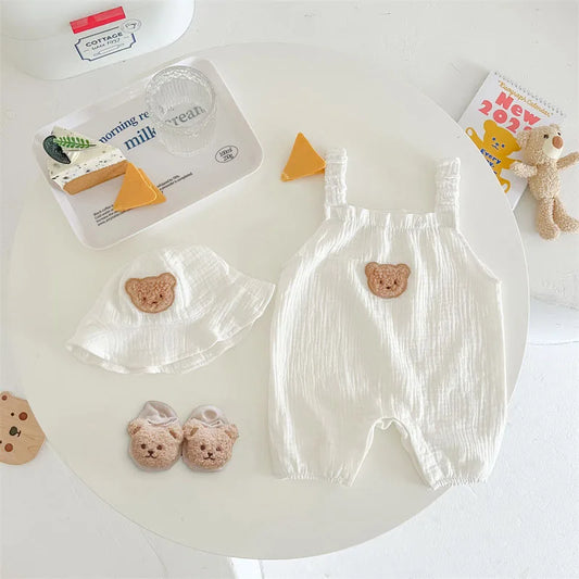 Summer Baby Clothes Infant Girls Jumpsuit Bear Sling Romper With Hat 2PCS Set Toddler Boys One Piece