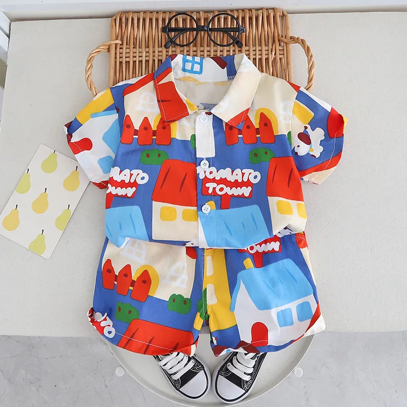 Summer Kids Clothing Set Colorful Cartoon Tee And Shorts 2PCS For Cool Boys Girls Short Sleeve Outfit 1-5Y