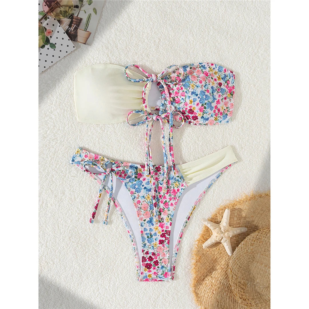 Sexy Flowers Printed Bandeau Splicing Bikini Women Swimwear Female Swimsuit Two-pieces Bikini set Bather Bathing Suit Swim V6029