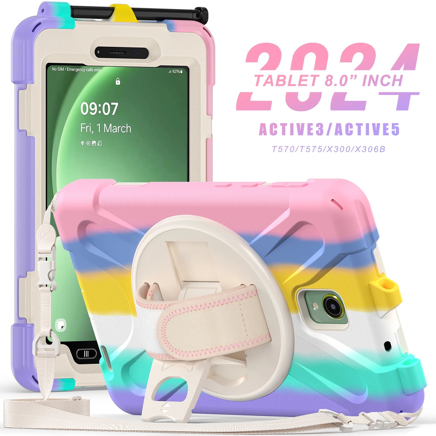 Rotating Case For Samsung Galaxy Tab Active5 2024 SM-X300 X306B 8.0 inch Rugged Cover Universal For Active3 2020 T570 T575 Strap