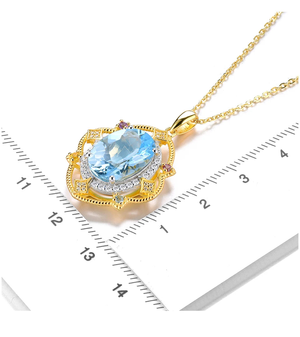 Natural Blue Topaz Silver Yellow Gold Plated Pendant 8 Carats Genuine Sky Blue Gemstone Women Classic Luxury Style Jewelry Gifts