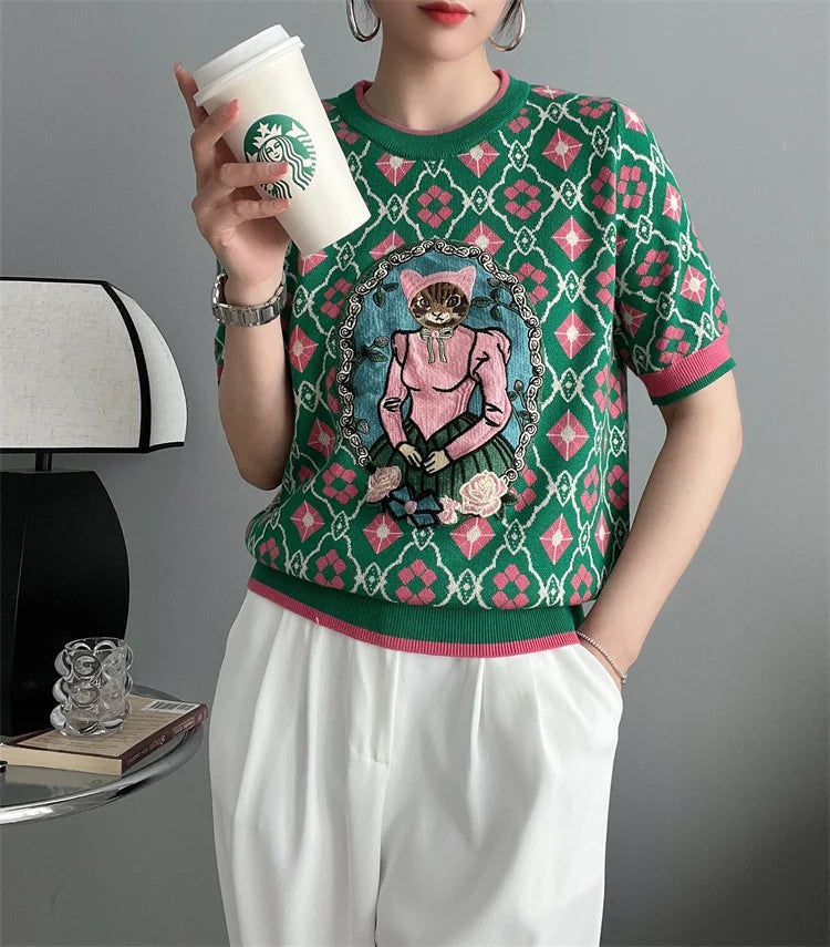 New Summer Women Knitted Sweater European Style Cartoon Pattern Fashion Jacquard Round Neck Short Sleeve Casual Jumpers Knitwear