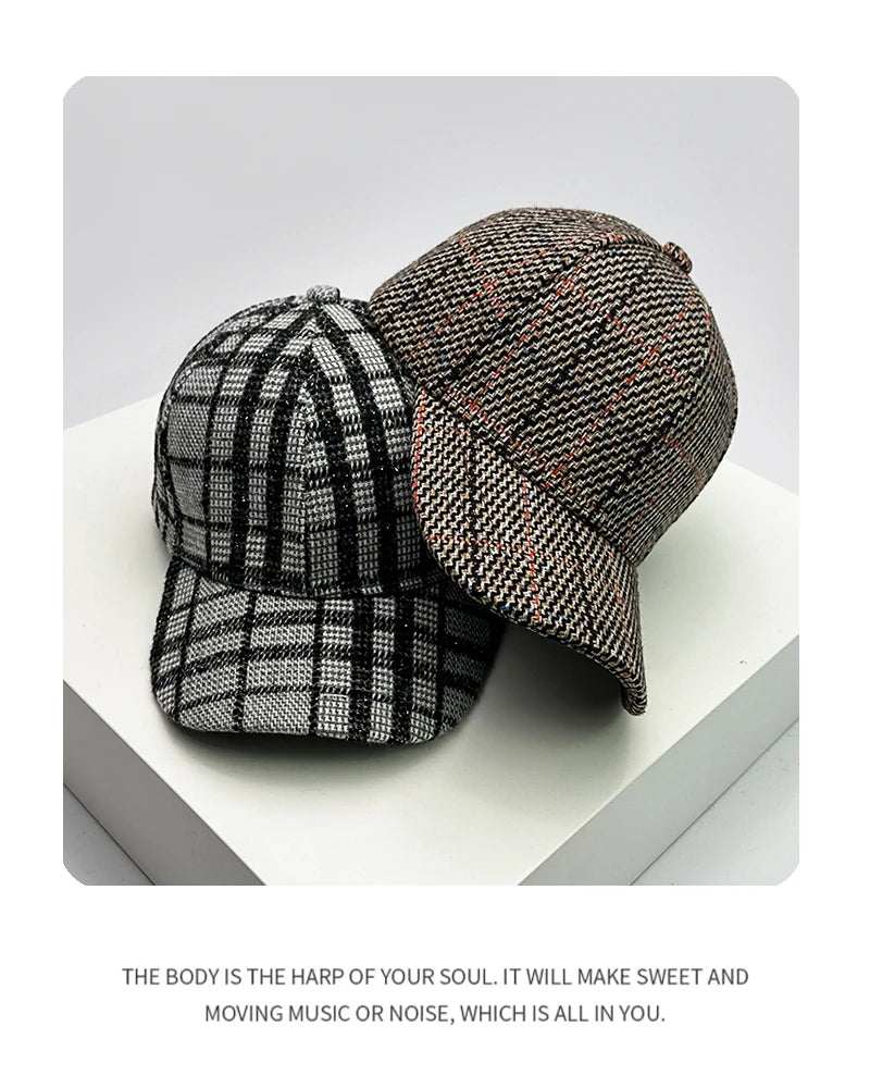 Autumn and Winter New Men Women Warm Woolen Cloth Versatile Baseball Caps Cotton Fashion Casual Retro Check British Style Trend