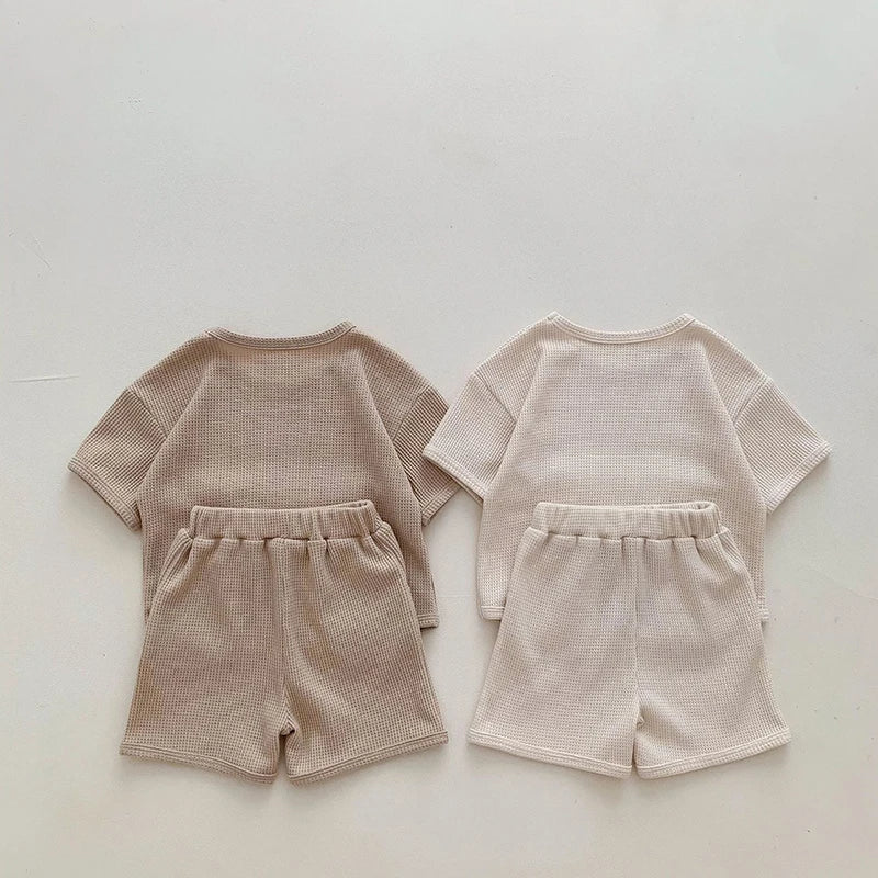 Summer Soft Waffle Baby Girls Clothing Set Front Pocket Bear Tee and Shorts 2Pcs Infant Boys Short Sleeved Suit