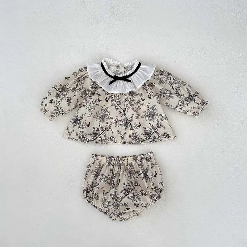 Summer Baby Clothing Set Floral Lace Collar Tops And Bloomer 2 PCS Girls Suit Toddler Tee Set