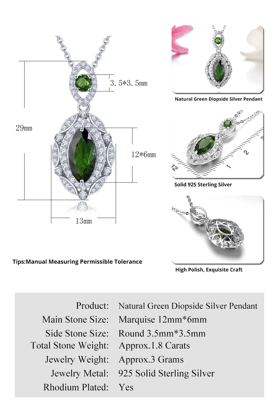 Natural Green Diopside 925 Sterling Silver Pendant 1.8 Carats Genuine Gemstone Special Style Fine Jewelry for Engagement Gift