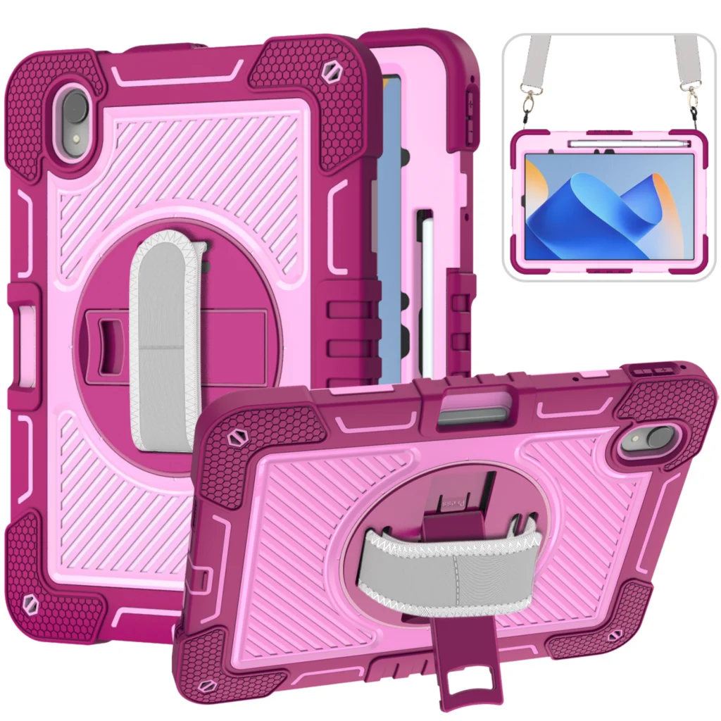 Hand Strap Case For Huawei MatePad 11 2023 SE 10.4 Kickstand 360 Rotating Cover 3 Layers Multi-Functional Shell With Neck Strap