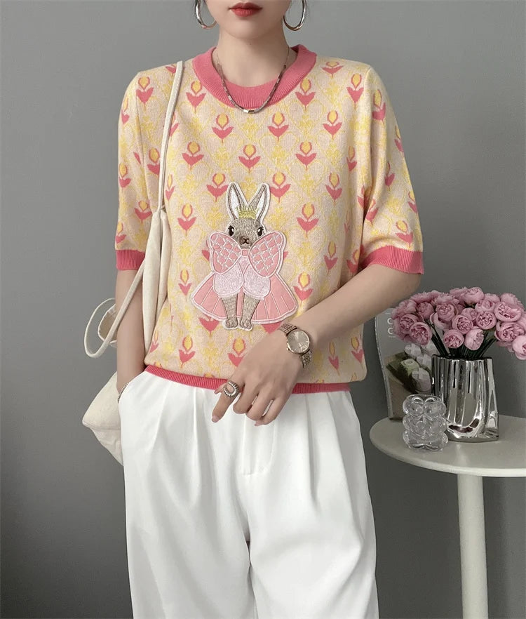 New Summer Women Knitted Sweater European Style Cartoon Pattern Fashion Jacquard Round Neck Short Sleeve Casual Jumpers Knitwear