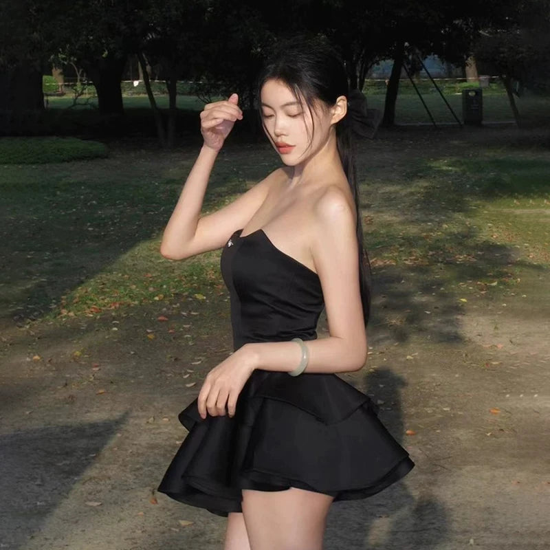 Summer Irregular Strapless Women Sexy A-Line Party Tiered Balck Mini Dress