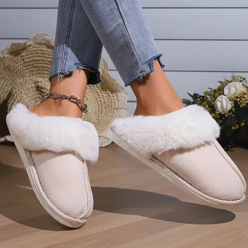 Lucyever 2023 Winter Fur Slippers Women Faux Suede Fluffy Furry Home Slides Woman Comfort Non Slip Indoor Floor Cotton Shoes 45