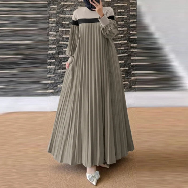 Fashion Women Autumn Long Lantern Sleeve Muslim Dress Abaya Islamic Robe Kaftan Patchwork Sundress Pleated Vestidos