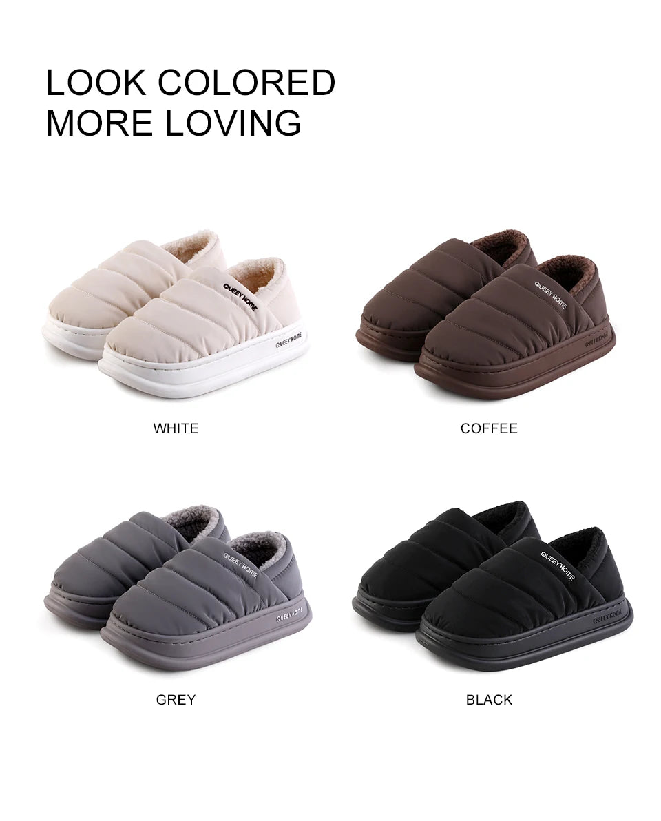 Queey Home Winter Woman Slippers Plush Interior Anti Slip Sole Thick Bottom Waterproof Shoe Upper Closed-Back  Warm Slipper Man