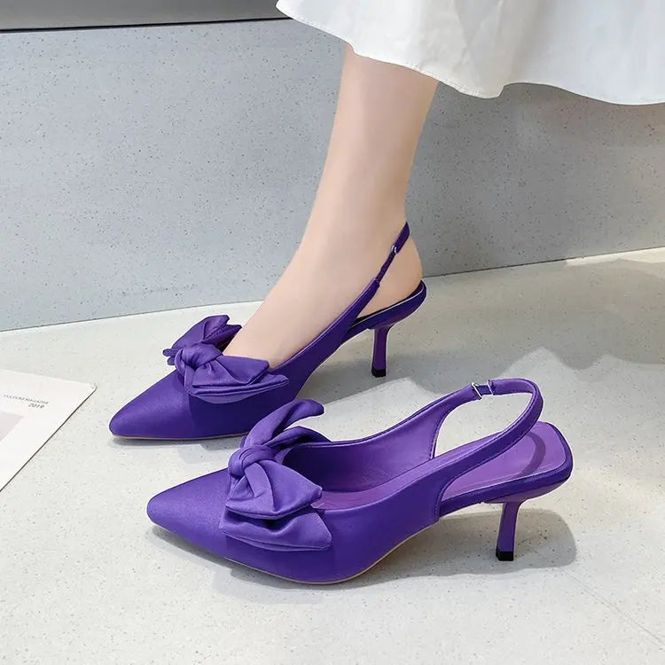 Comfort Shoes for Women Sandals Stiletto Heels bow tie Summer Suit Female Purple Large Size New Girls Low Pointed High Black Big