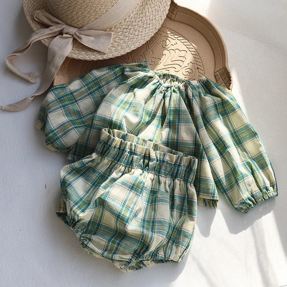 Summer Baby Clothes Set Vintage Style Green Big Plaid Baby Girl Suit Toddler Blouse and Bloomer 2 Pcs