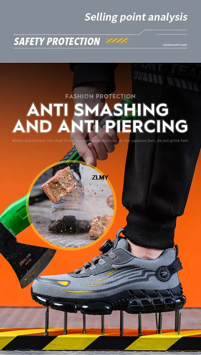 Rotary Button Safety Shoes Men Steel Toe Sneakers Puncture Proof Work Safety Boots Air Cushion Sport Work Shoes Anti-smash Boots