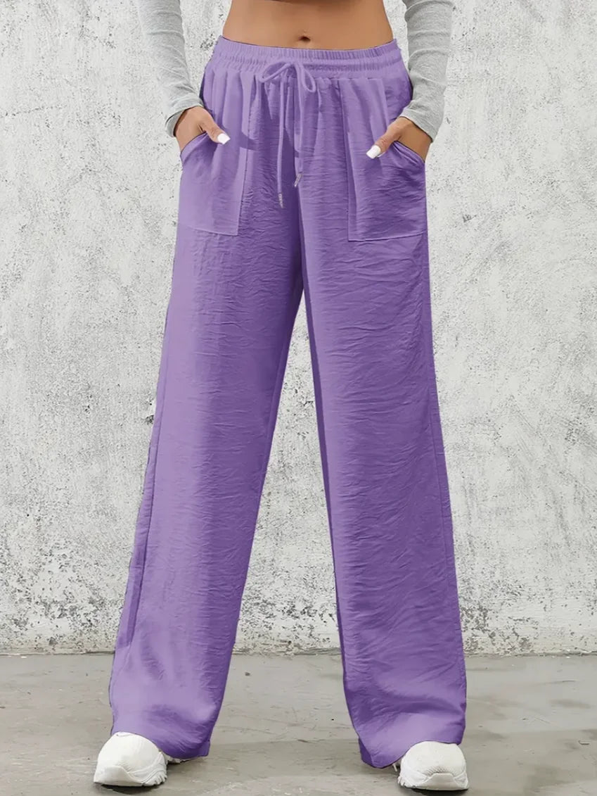 Solid Drawstring Wide Leg Pants, Casual Elastic Waist Slant Pocket Pants For Spring & Summer, Women's Clothing