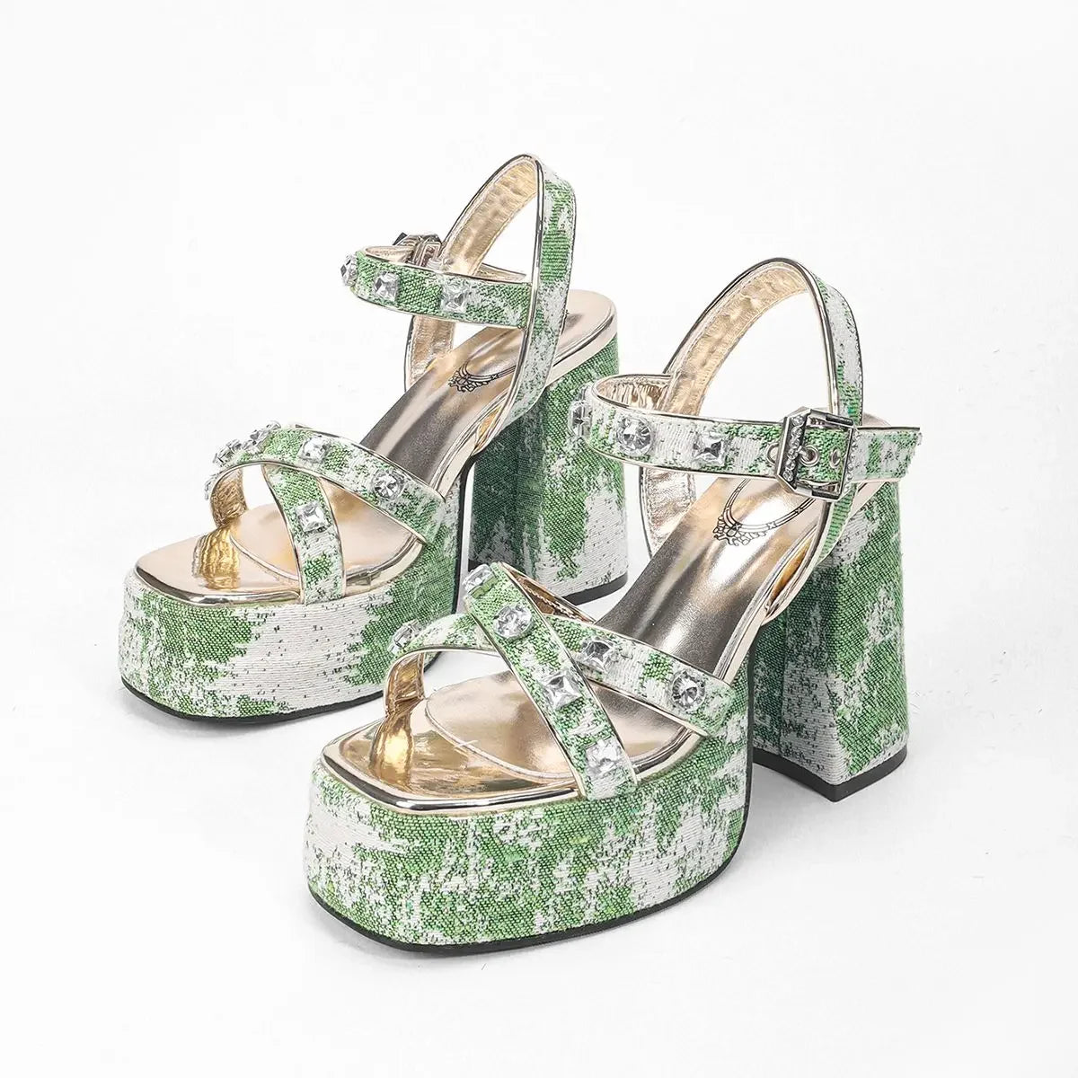 2024 Summer Green Women's Rhinestone Decor Block Y2k Heels Platform Sexy Ankle Strap Sandals Fashion Party Dress Shoes