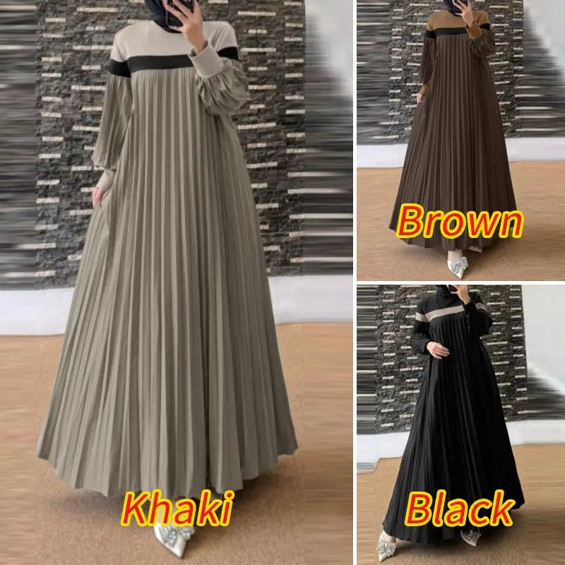 Fashion Women Autumn Long Lantern Sleeve Muslim Dress Abaya Islamic Robe Kaftan Patchwork Sundress Pleated Vestidos