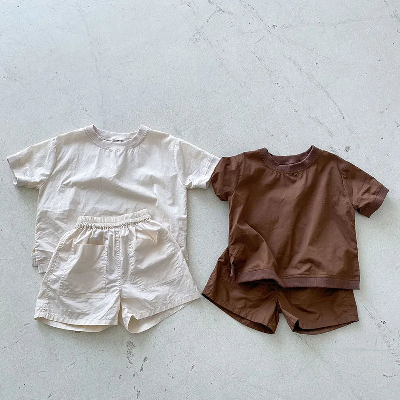 Summer Kids Clothes Set Boys Girls Simple Loose Cotton Short Sleeve Shorts Suit 2 PCS Children Outfit