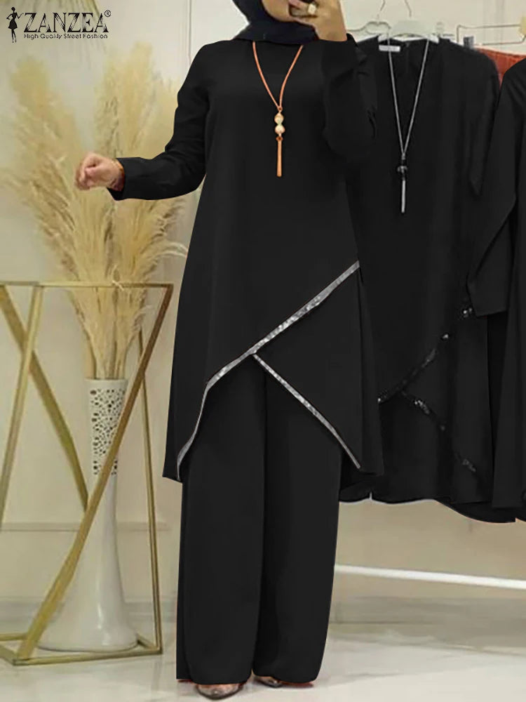 2PCS Women Muslim Sets Fashion Sequins Islamic Clothing Loose Matching Sets Tracksuit Long Sleeve Blouse Abaya Suits