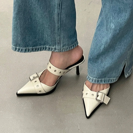 NEW Summer Pointed Belt Buckle Thin Heel Belt Buckle Single Shoes Women's Baotou Silver Back Empty High-heeled Sandals