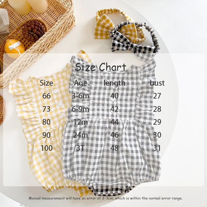 Summer Baby Bodysuits Sweet Flare Sleeve Plaid Baby Girls Bodysuit With Headband Newborn One Piece Infant Outfit