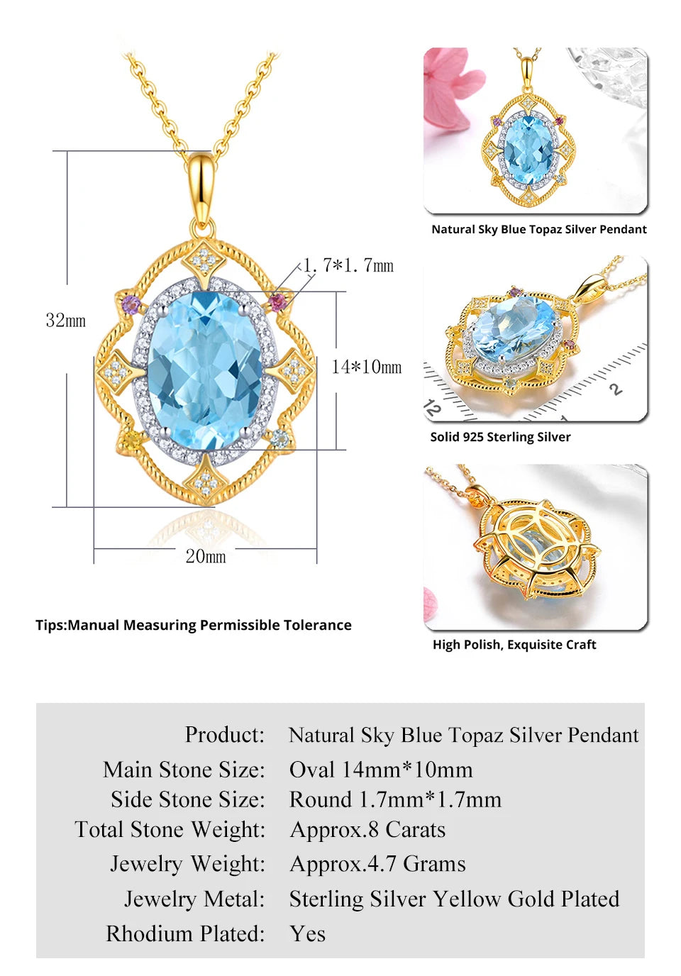 Natural Blue Topaz Silver Yellow Gold Plated Pendant 8 Carats Genuine Sky Blue Gemstone Women Classic Luxury Style Jewelry Gifts