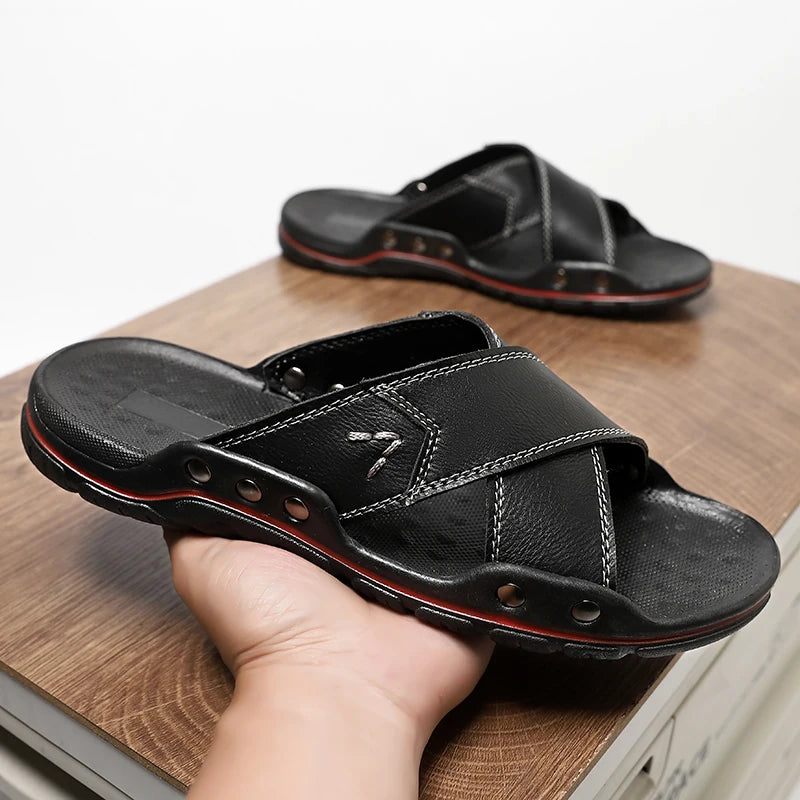 2024 Summer New Sandal Leather Slippers for Men Hotel Beach Shoes High Quality Big Size 48 Slip on Light Flats Male Flip Flops