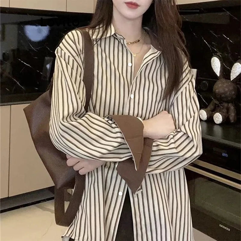 Korean Style Shirts Women Lapel Striped Basic Simple Office Lady Temperament Vintage Popular Daily