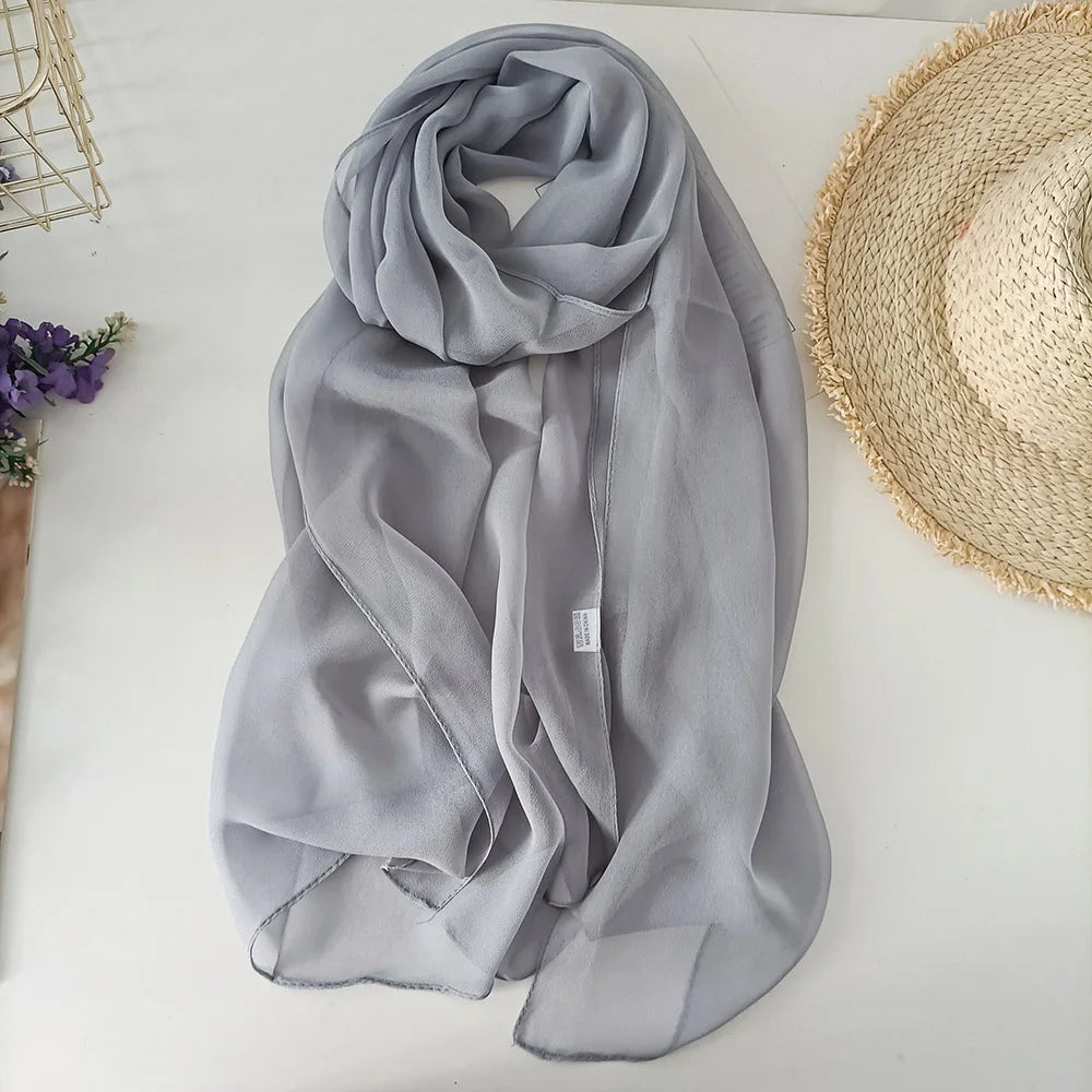 Women Foulard Gradient Solid Color Chiffon Georgette Scarf Bandana Elegant Long Shawl Hijab Summer Sun Protection