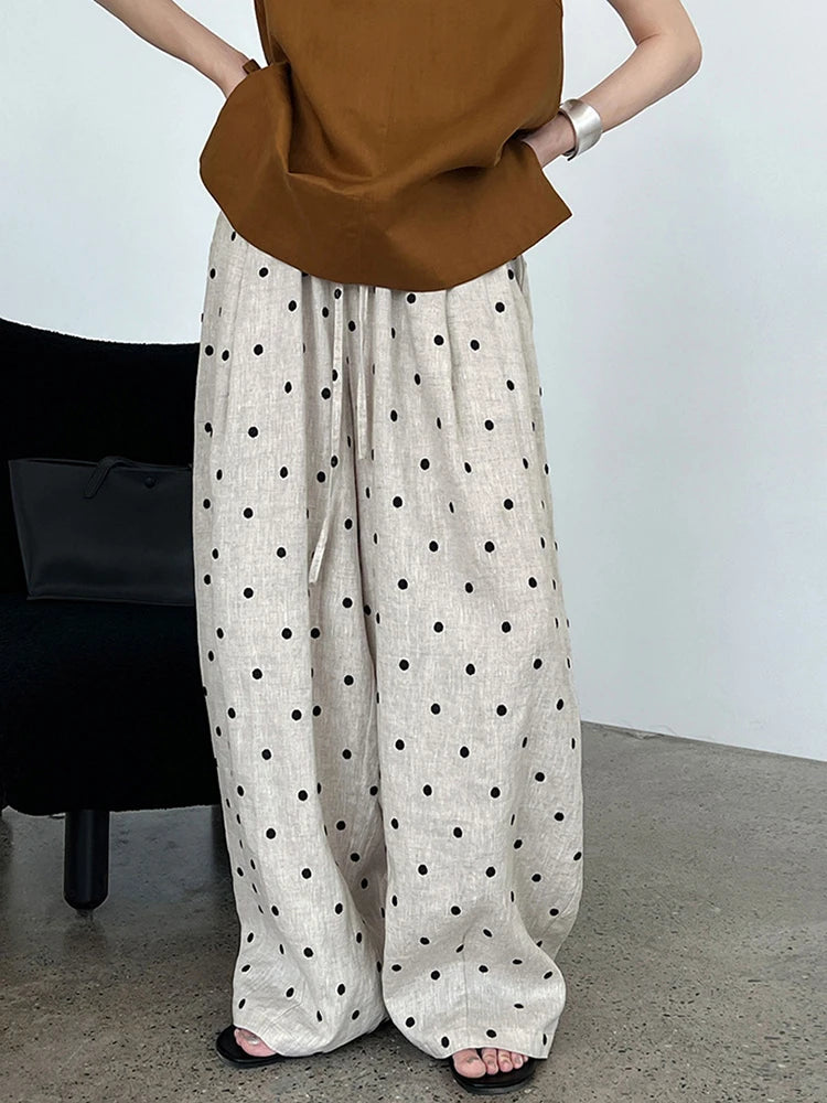 [EAM] High Elastic Waist Linen Dot Embroidery Wide Leg Long Pants New Trousers Women Fashion Tide Spring Autumn 2025 1DJ1548