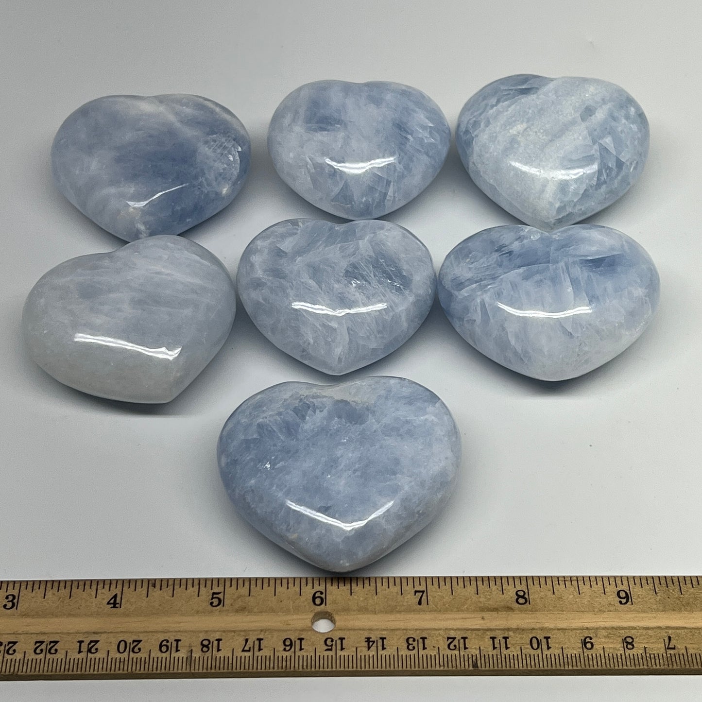 1010g (2.2 lbs) , 7 pcs, 2"- 2.3", Blue Calcite Hearts from Madagascar, B20856